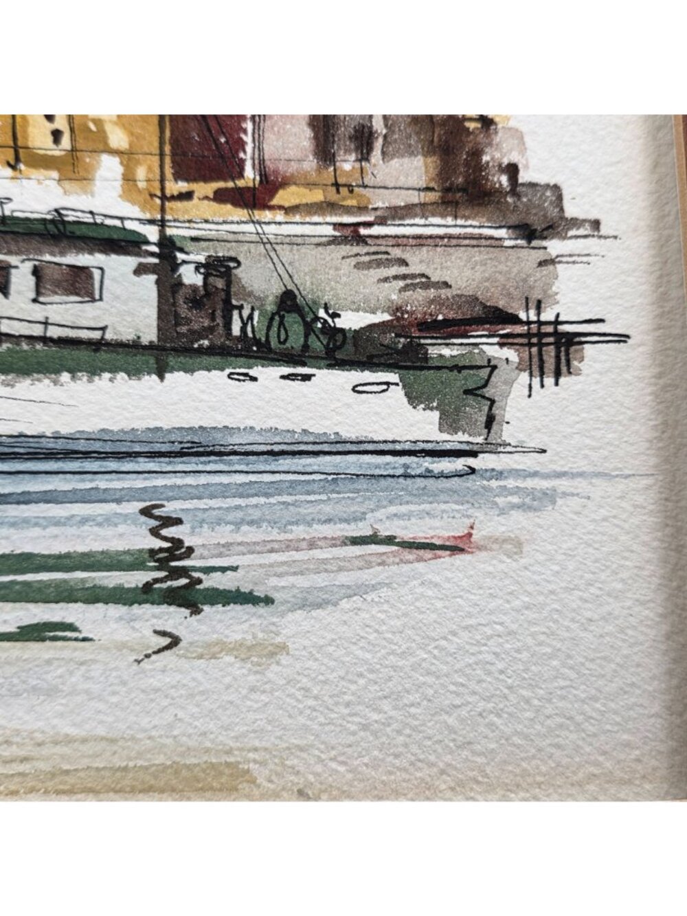 Original Watercolor Coastal Landscape Signed By Artist With Boat & Buildings - Picture 7 of 9